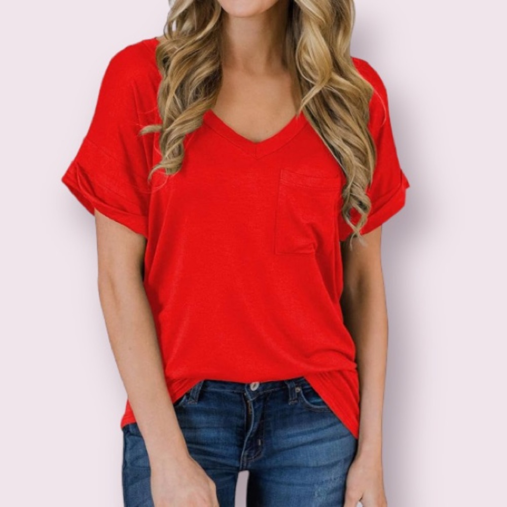 MIHOLL Short Sleeve V-Neck Shirt Loose Casual Tee in Red
